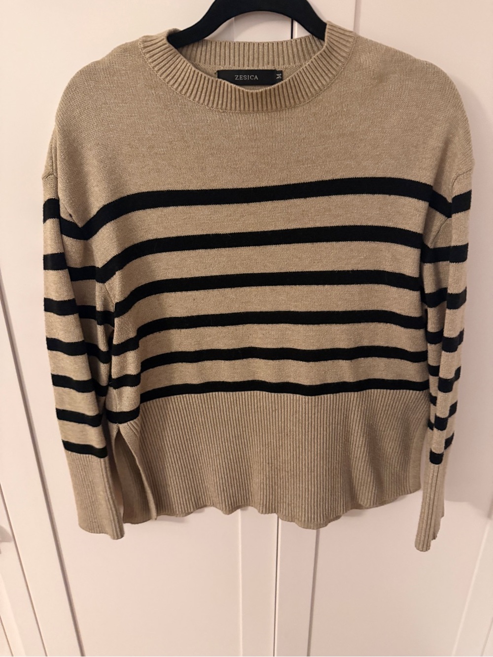 Women’s Beige and Black Striped Crewneck Sweater